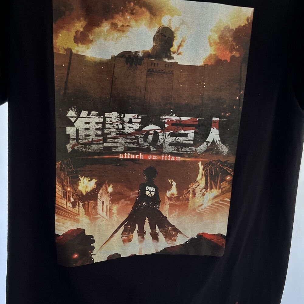 L Attack On Titan Black Graphic T-shirt Crew Neck Short Cap Sleeve Machine Wash